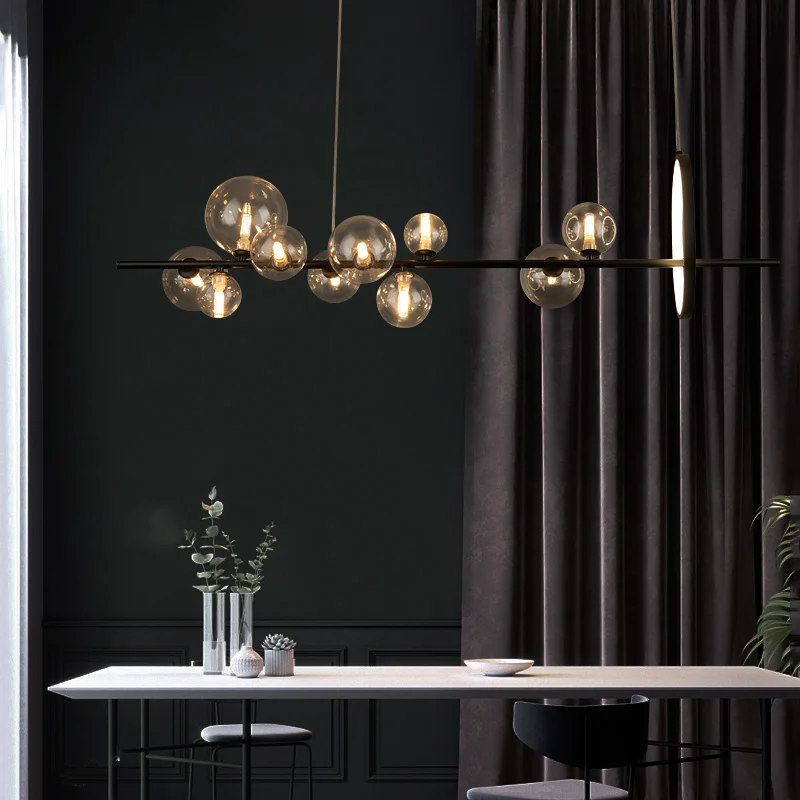 

Black LED Chandelier Clear Glass Ball Modern Long Pendant Lamp For Dining Room Bar Restaurant Coffee Shop Office Hanging Light
