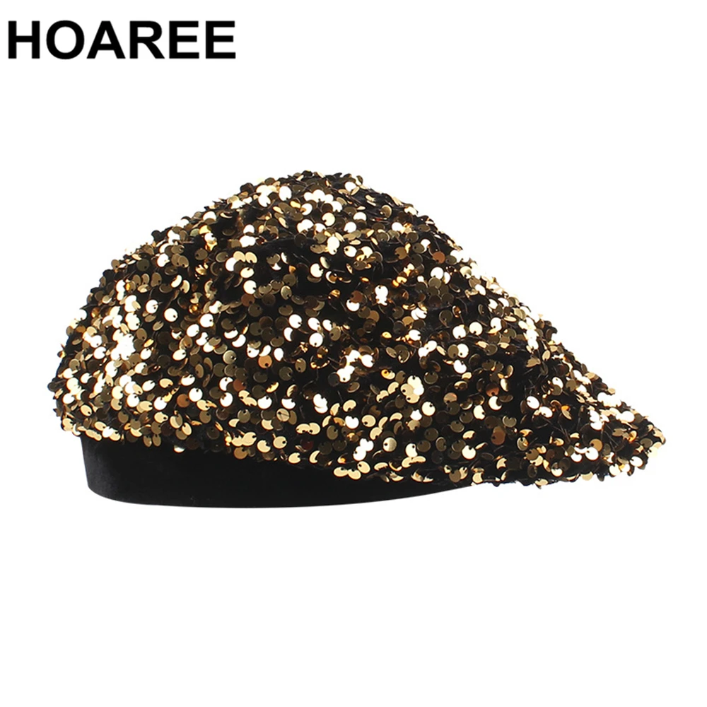 

Golden Ladies Sequin Berets Caps for Women Hand-stitched Shining Embroidery Painter Hat Women French Cap Pillbox Fascinators