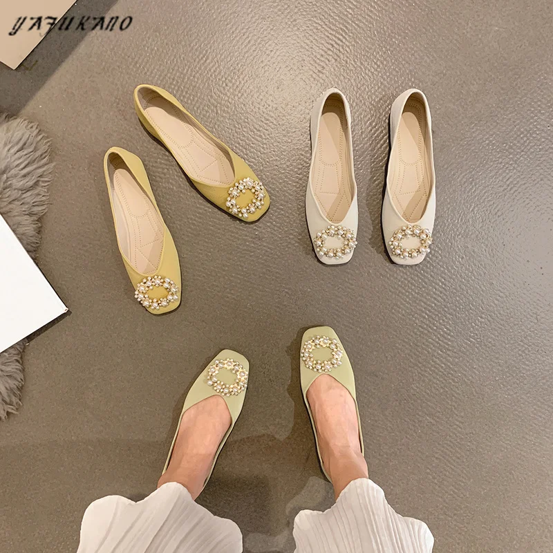 

Shallow Mouth Single Shoes 2021 New Flats Rhinestone Pearl Buckle Square Toe Flat Shoes Soft Sole Non-Slip Fashion Evening Shoes