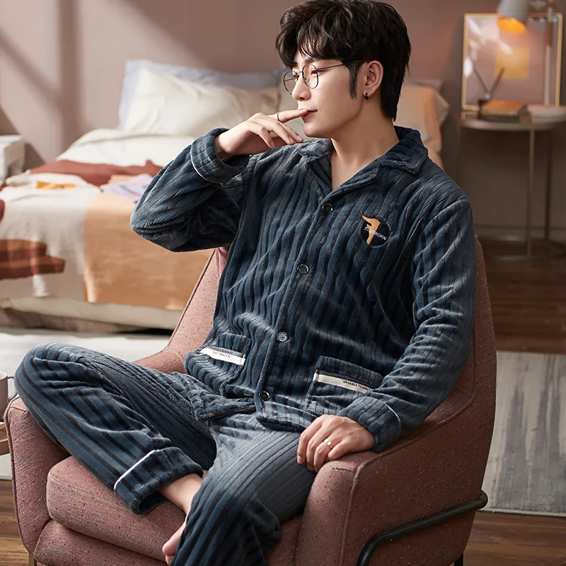Men's Pajamas Set Flannel Sleepwear Striped Cardigan Lapel Button Pocket Pyjamas Thick Warm Luxury High Quality Homewear Winter