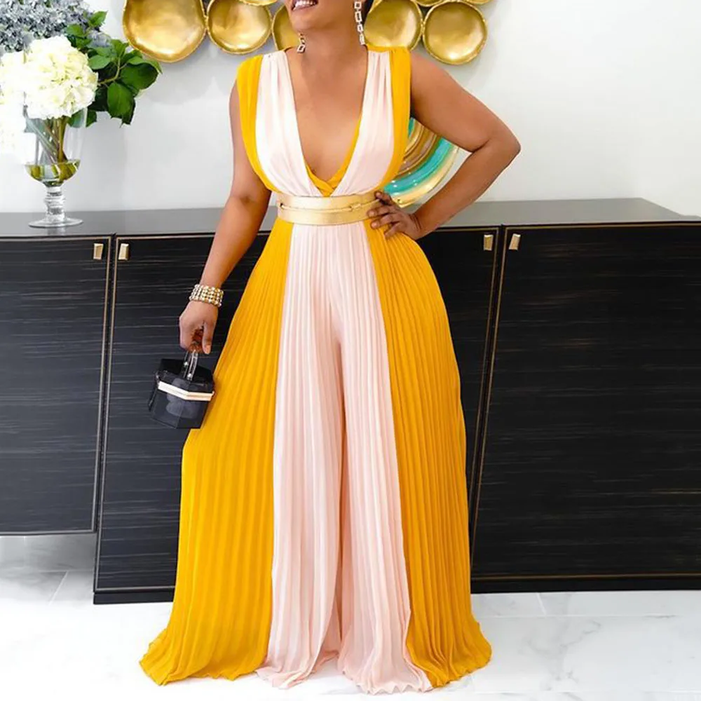 

Western Style African Jumpsuit V-neck Sleeveless Mop Pleated 2021 Summer New Color Contrast Splicing High Waist Casual