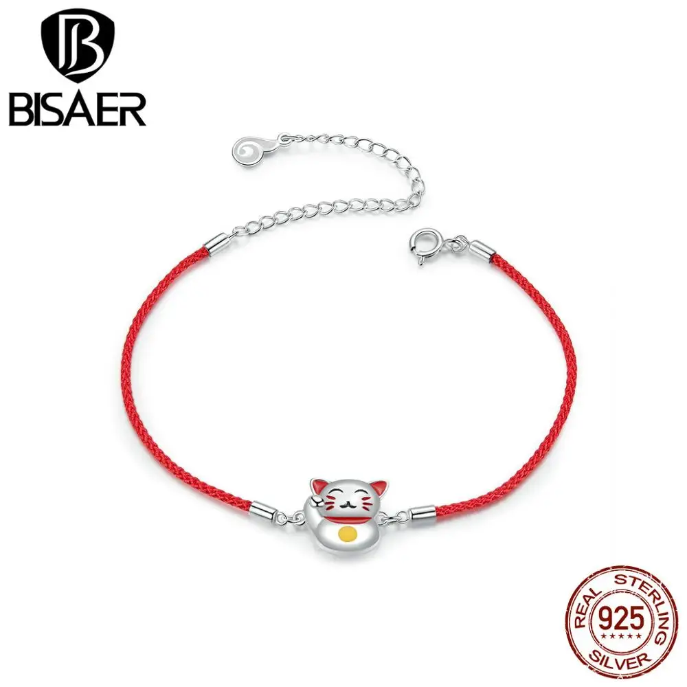 Браслет bisaer, 925 пробы, серебро, красная веревка, животное, кошка, Maneki Neko, ювелирное изделие для женщин, подарок, Стерлинговое Серебро, высокое качество, HVB012