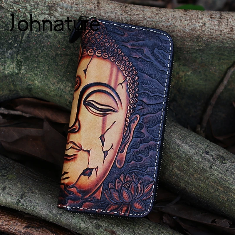 Johnature Retro Genuine Leather Handmade Carving Wallet 2021 New First Layer Cowhide Personality Zipper Long Purse Card Holder