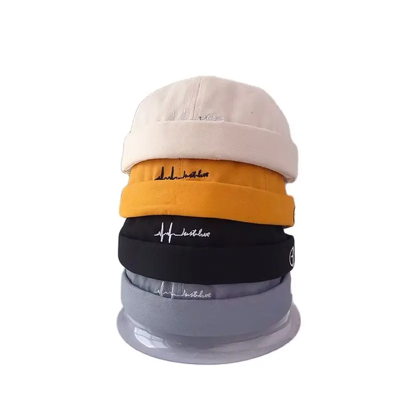 

Embroidered Brimless Sailor Hat Rolled Cuff Harbour Caps Without Visor Beanies Skull Docker Beanie Cap for Men Women Yellow