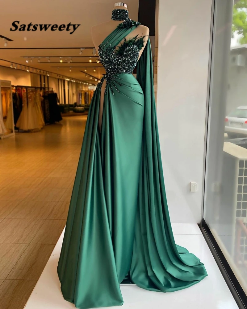 

2022 Hunter Green Evening Dress Sequins Slim Fit Side Split Pleats Prom Gowns Beaded Feather Party Dress