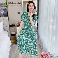 vintage v neck floral dress womens 2021 summer new korean version with slim waist and bubble sleeve sun dress elegant dresses