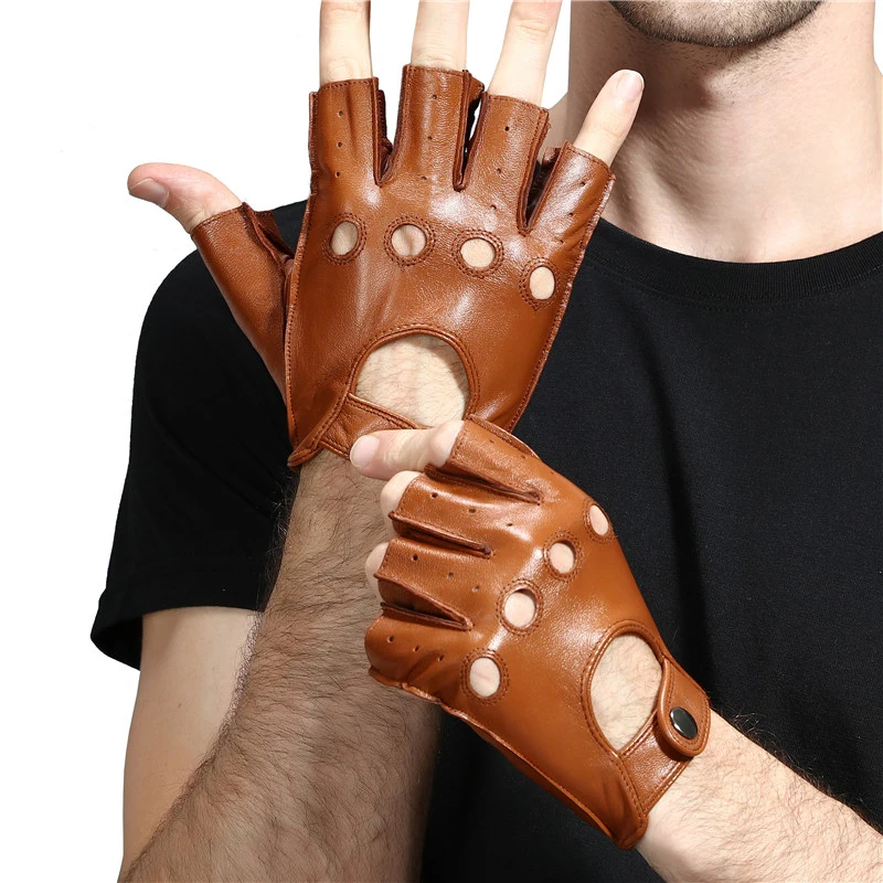 Leather gloves men's half finger fitness sports driving anti-skid strong wear-resistant driving retro motorcycle sheepskin glove