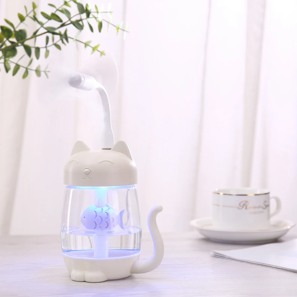 

350ML Cat Air Humidifier With Color LED Light Ultrasonic 3 In 1 Adorable Cat Eat Fish Humidificador USB Aroma Diffuser Fogger