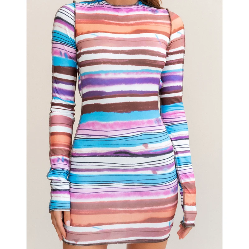 

2021 spring and autumn women's sexy color matching printed long-sleeved dress vestido de