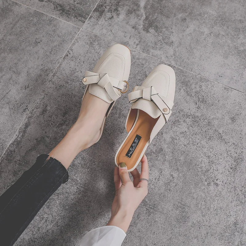

Shoes Woman 2021 Slippers Flat Butterfly-Knot Luxury Slides Cover Toe Low Loafers Soft Designer Summer PU Butterfly-knot Fashion