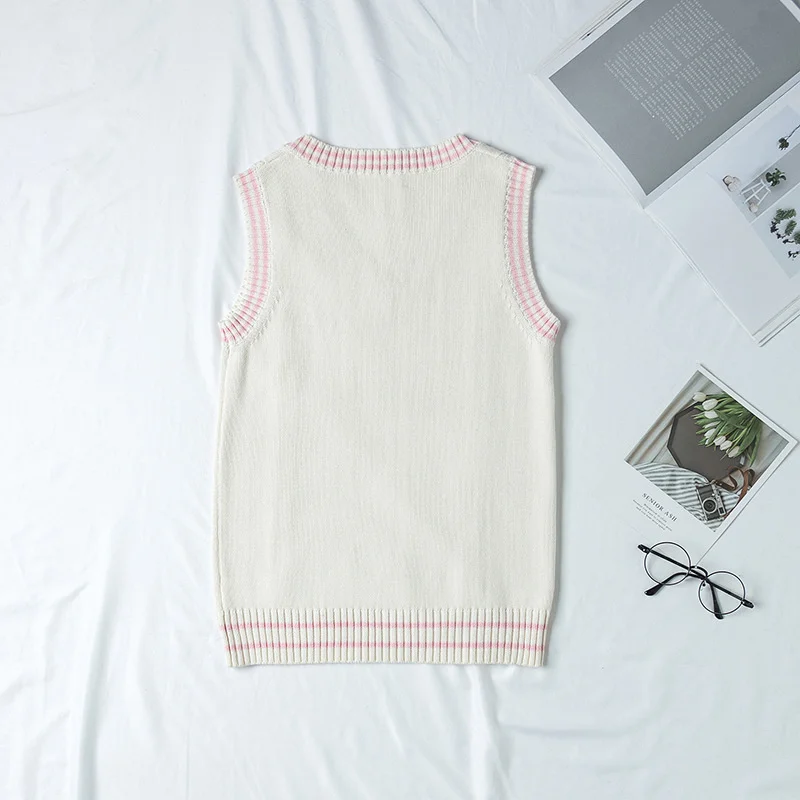 

New Cute Cheese Embroidered College Style Japanese JK Uniform Stripes Knitted Vest japanese school uniform