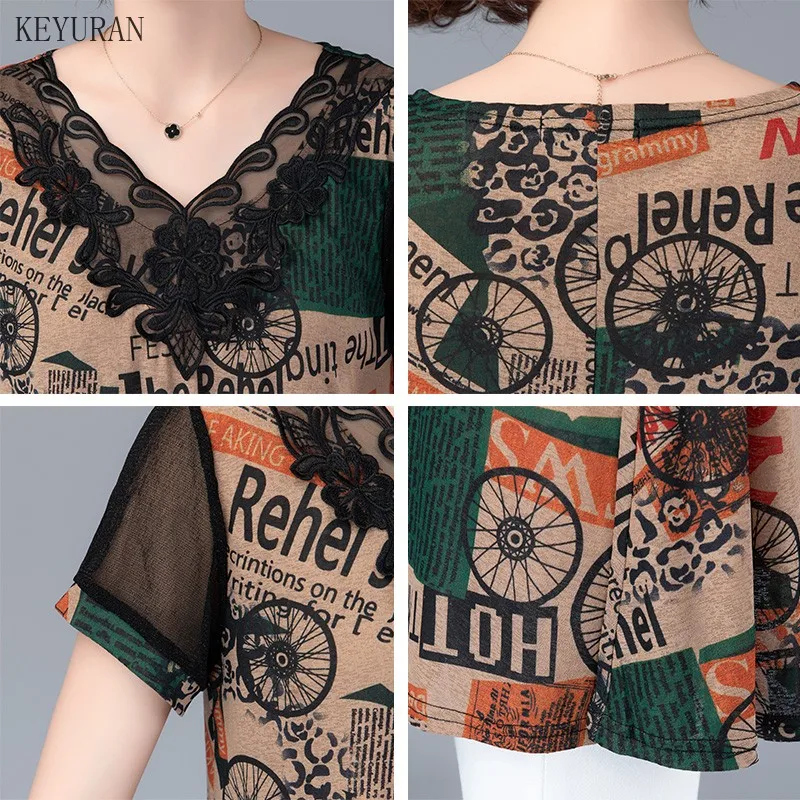 Women Summer V-Neck Lace Blouses Multicolor Print Shirts Lady Casual Short Sleeve Female Plus Size Blusas Tops | Женская одежда