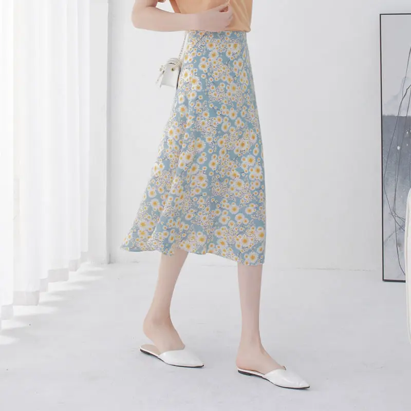 

Floral skirt women's summer 2021 new small fresh high waist slim A-line Chiffon pleated skirt medium length skirt