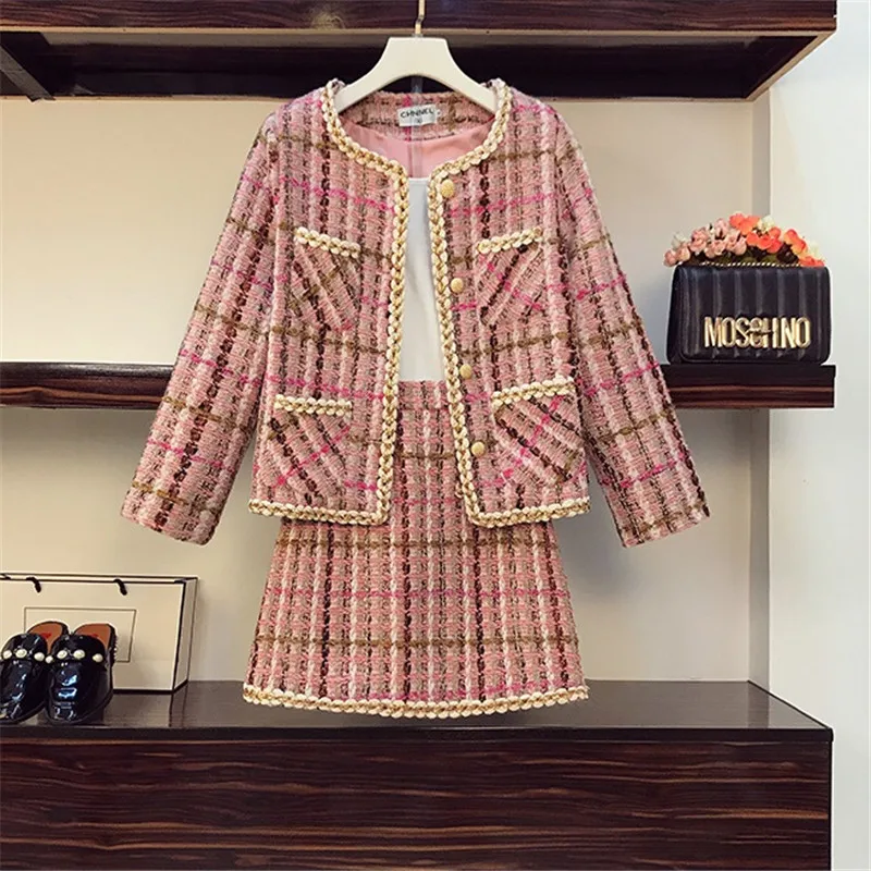 

CBAFU plus size autumn winter tweed coat set skirt suit women long sleeve jacket pink plaid cashmere A-Line skirt 2Pcs N734