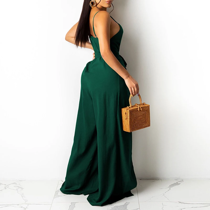 

Spaghetti Strap V Neck Backless Wide Leg Jumpsuit Elegant Slit Loose Overalls