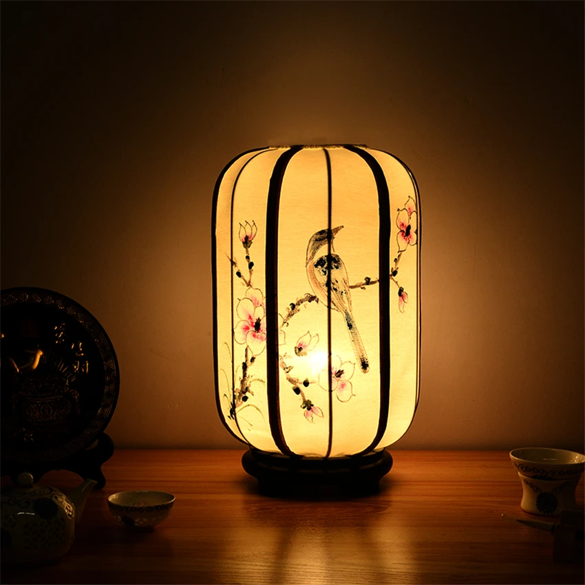 Новые китайские тканевые настольные лампы с ручной росписью фонарики для