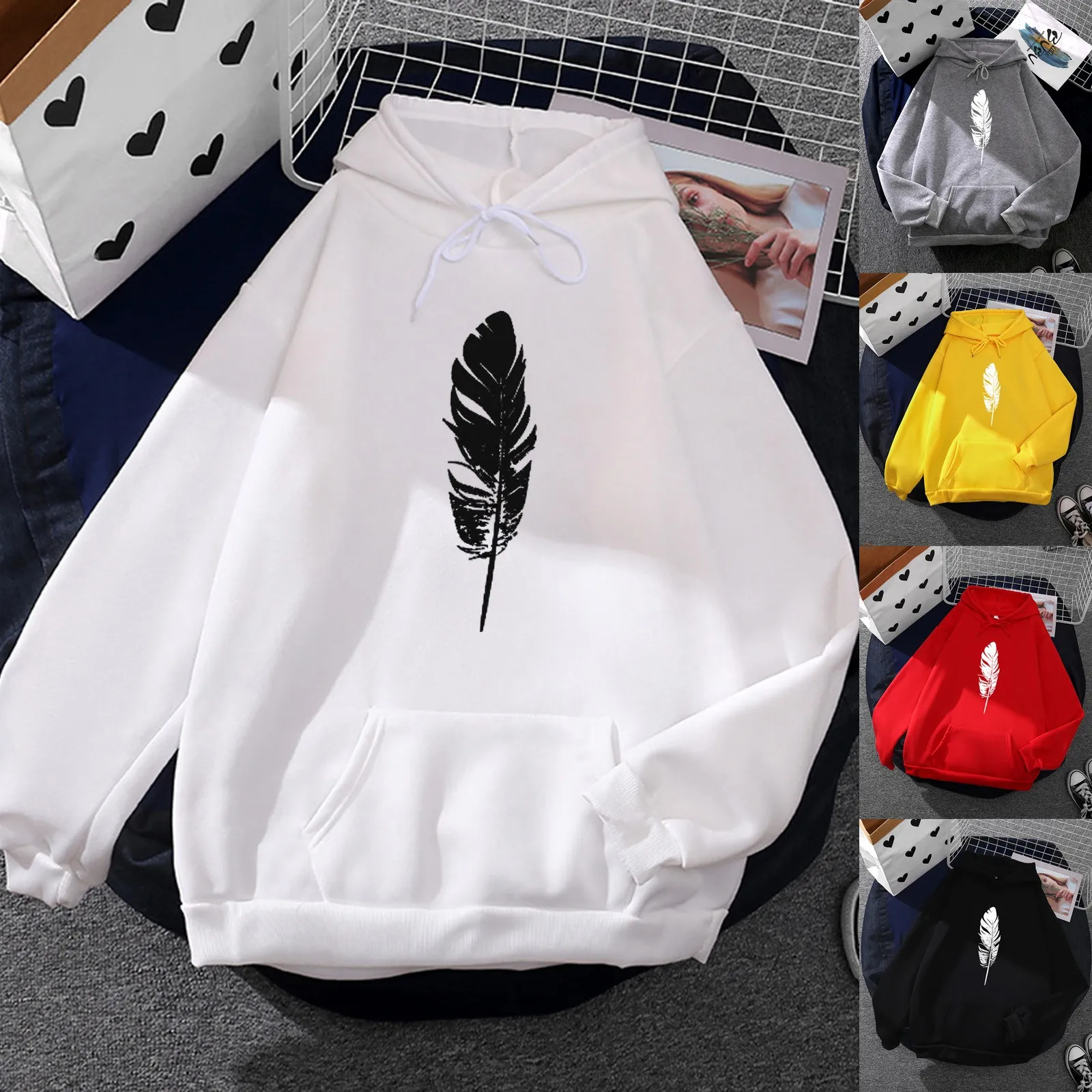 

Autumn Winter Women Sweatshirt With Pocket Feather Print Girl Student Hoodies Hip Hops Pullover Oversized Korean Style Худи