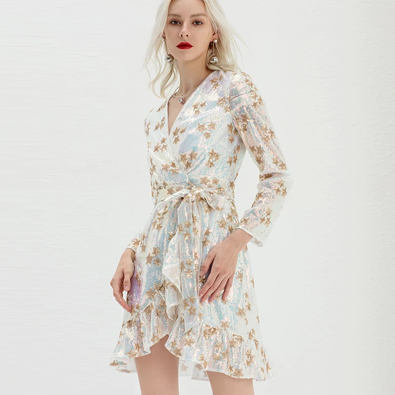 Яркое модное платье YIGELILA с v-образным вырезом длинными рукавами и поясом