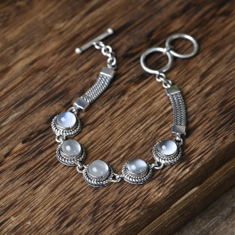 

FNJ Natural Moon Stone Bracelet 925 Silver Vintage Original Pure S925 Silver Bracelets for Women Jewelry width 11mm length 18cm