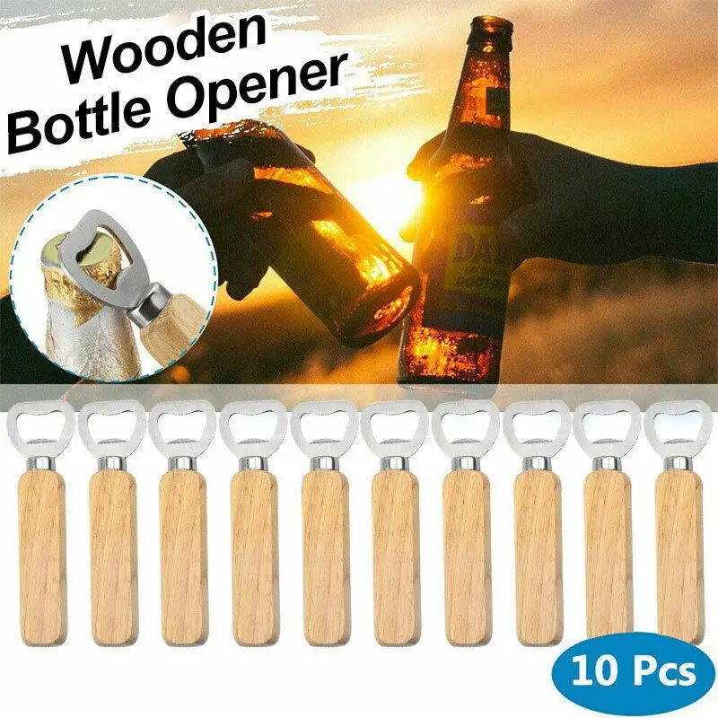 

10PCS Stainless Steel Wooden Handle Beer Bottle Opener
