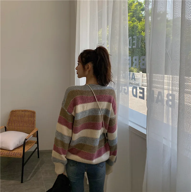 Новинка 2020 года пуловер в радужную полоску с круглым вырезом простой вязаный