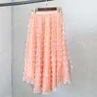 Женская розовая сетчатая юбка с оборками, модная Асимметричная элегантная юбка в Корейском стиле с высокой талией, праздничное платье принцессы, Новинка лета 2021