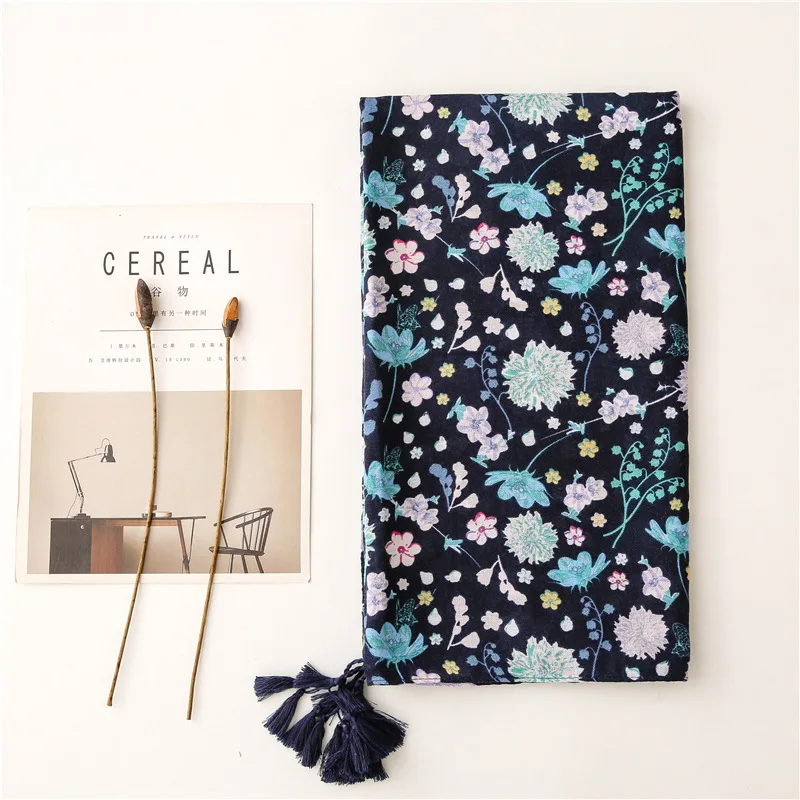 Retro literature and art national style Tibetan blue color flowers messy cotton linen hand scarf warm sunscreen silk touri |
