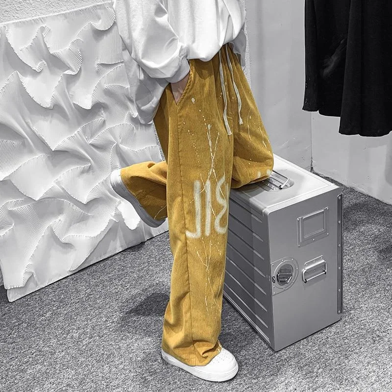 

Corduroy Pants Men's Spring And Autumn Fashion Casual Pants Hong Kong Style Loose Straight Tube Graffiti Printing Floor