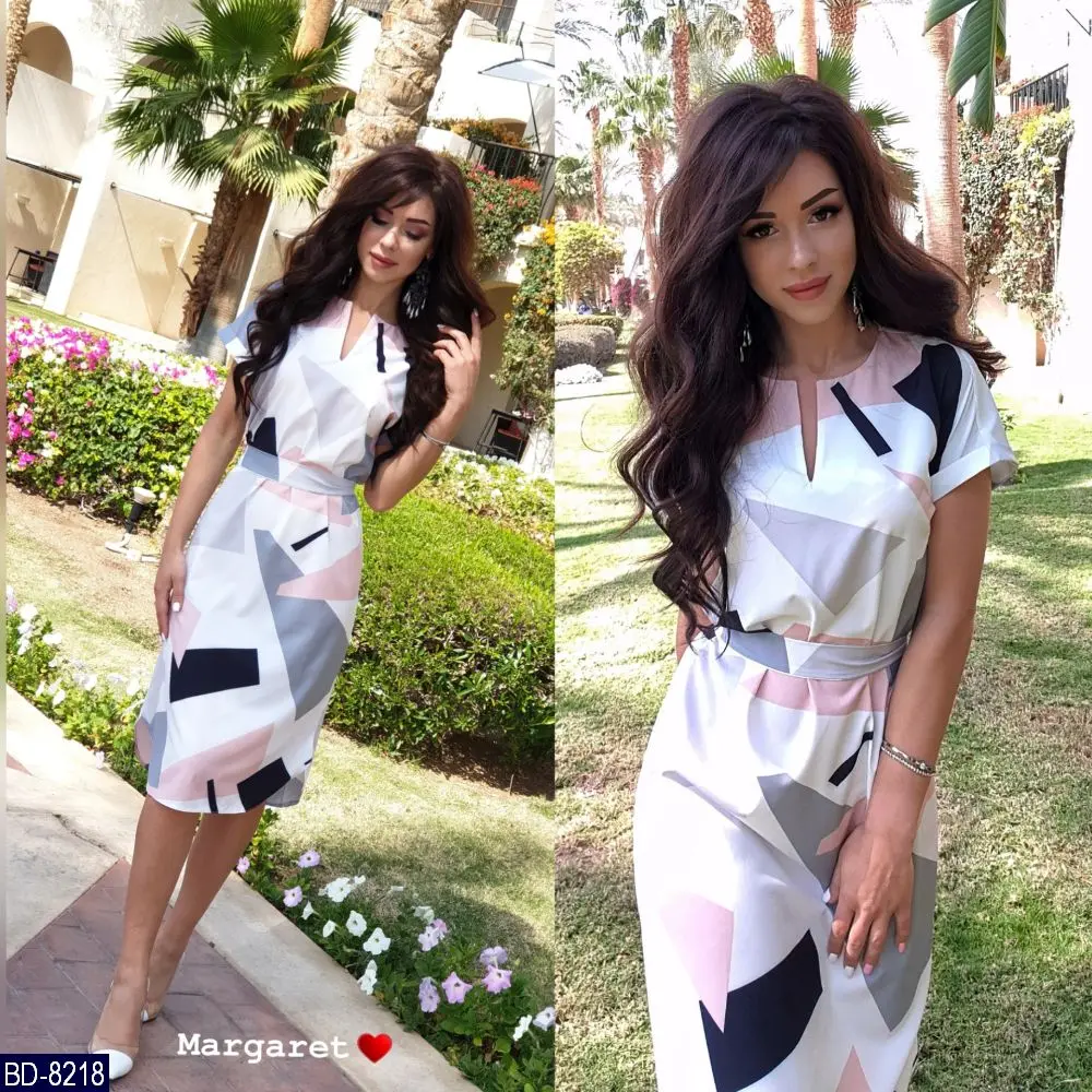 Новые цвета печати женское осеннее платье v образным вырезом с коротким рукавом