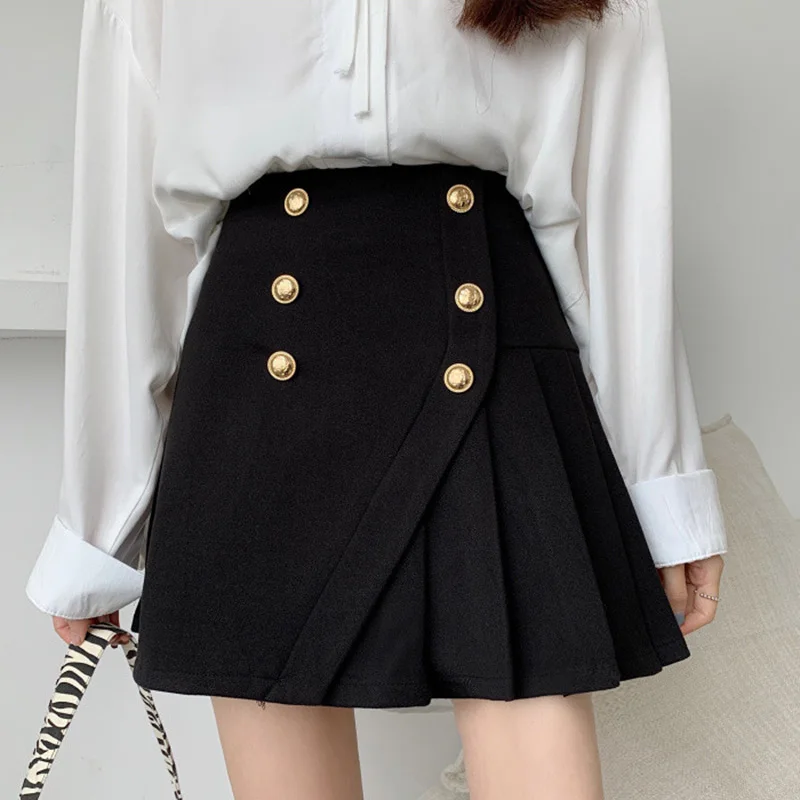 

Новая женская шерстяная юбка осень-зима Повседневная мода Чернить Выше колена Высокая талия Двубортная мини-юбка неправильной формы со скл...