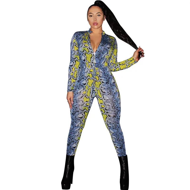 

Women Colorful Snakeskin Printed Jumpsuit Sexy Deep V Neck Front Zipper Long Sleeve Romper Skinny Party Club Overalls Outfits