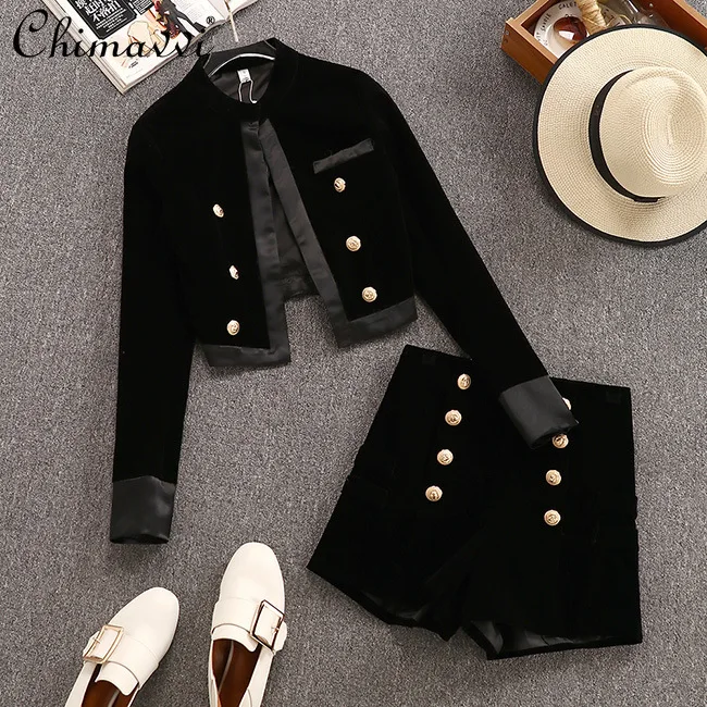

Korean Fashion Woman Outfits 2021 Autumn Winter Elegant Black Single Breasted Jacket High Waist Short Pant Velvet Two Piece Set