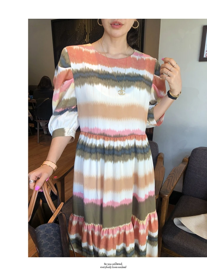 

Korean Chic New Summer Fashion Round Neck Striped High Waist Puff Three Quarter Sleeve Loose Beach Holiday Bohemian Dress