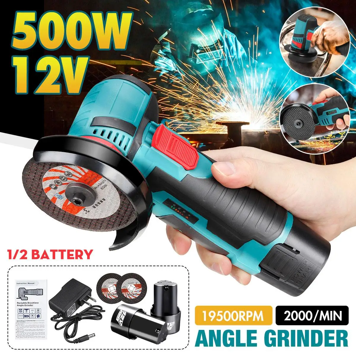 

BLMIATKO 500W 12V Brushless Angle Grinder Mini Cordless Angle Grinder Polishing Machine Diamond Cutting Power Tool with Battery