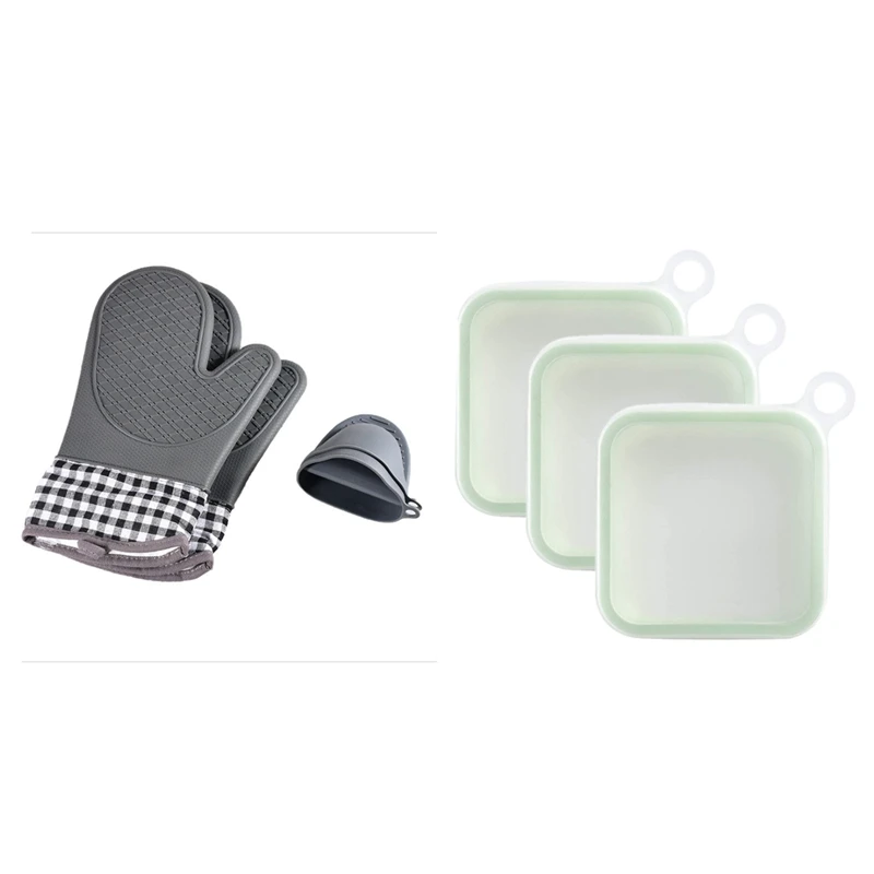 

3 шт., набор многоразовых силиконовых сэндвич-боксов с перчатками для духовки и держателем для кастрюль, термостойкие перчатки для духовки