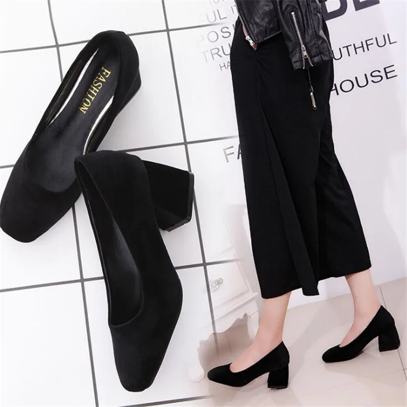 

2019 spring new square head thick with single shoes suede shallow mouth high heels comfortable casual work women's shoes