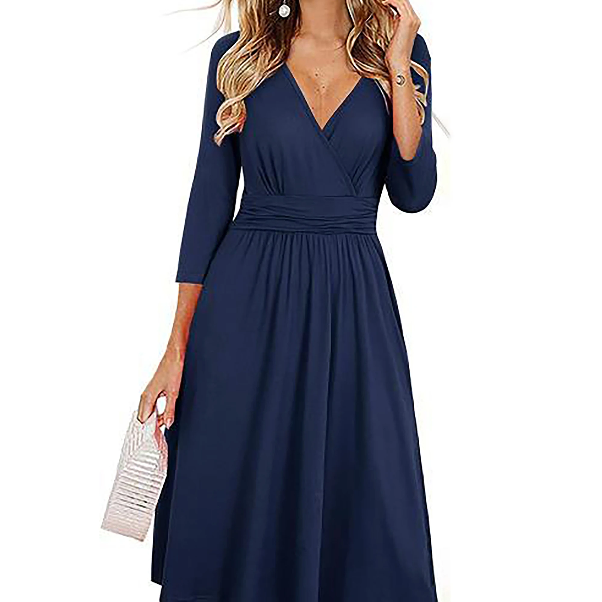 

Casual Solid Color Dress Sexy Vintage Women Cross V Neck Pleated Waist Dresses Ladies Autumn Long Sleeve Party Maxi Dress Female
