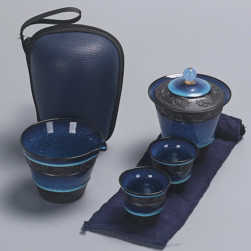 

Чайный набор, керамический синий глазурь, gaiwan чайный набор кунг-фу чайный набор, 1 чайный набор с 2 чайными чашками и инфузером, изысканный ди...