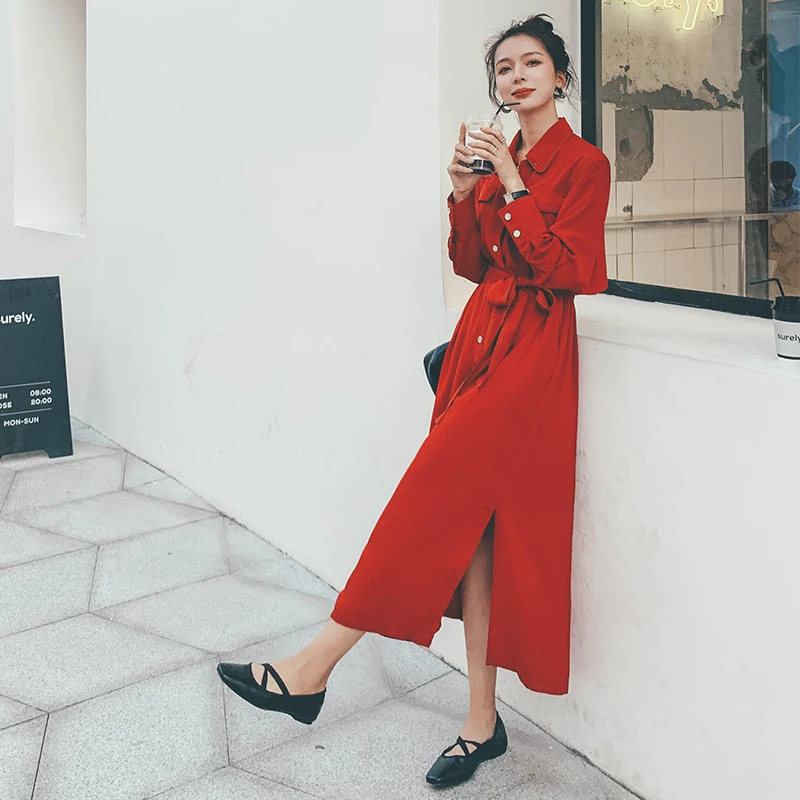 

Women Long Sleeve Lapel Loose Casual Backless Red Shirt Dress with Sashe Office Lady Elegant Vintage Long Korean Bandage Dress