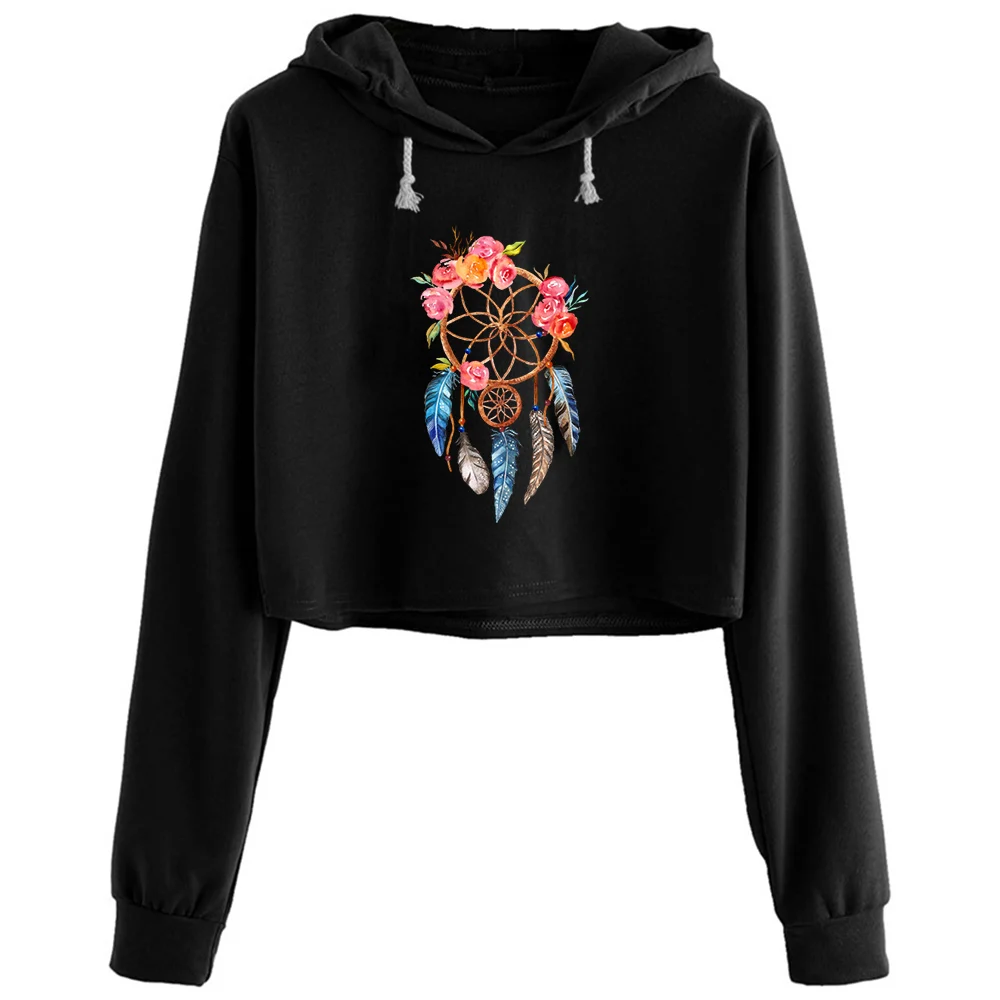 

Image Watercolor Flower And Feather Dreamcatcher Crop Crop Hoodies Women Harajuku Anime Emo Aesthetic Pullover For Girls