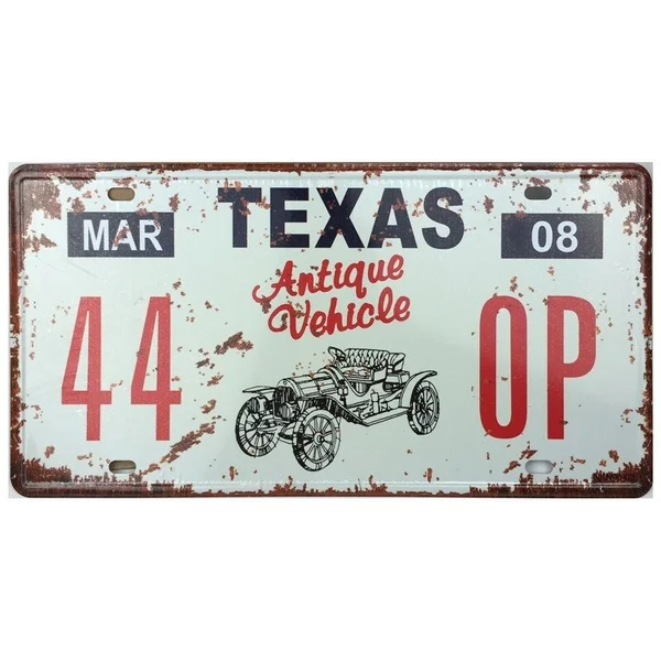 

Retro Vintage 44 OP Antique Vehicle Texas Tin Signs for Bar Cafe Home Decoration License Plates License Plate Metal Sign