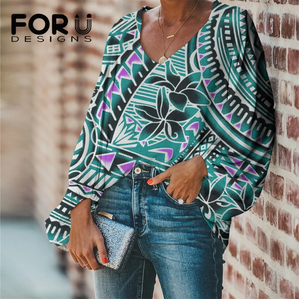 

FORUDESIGNS, блузка большого размера, полинезийская блузка с традиционным цветочным принтом, Повседневная Свободная рубашка с длинным рукавом, т...