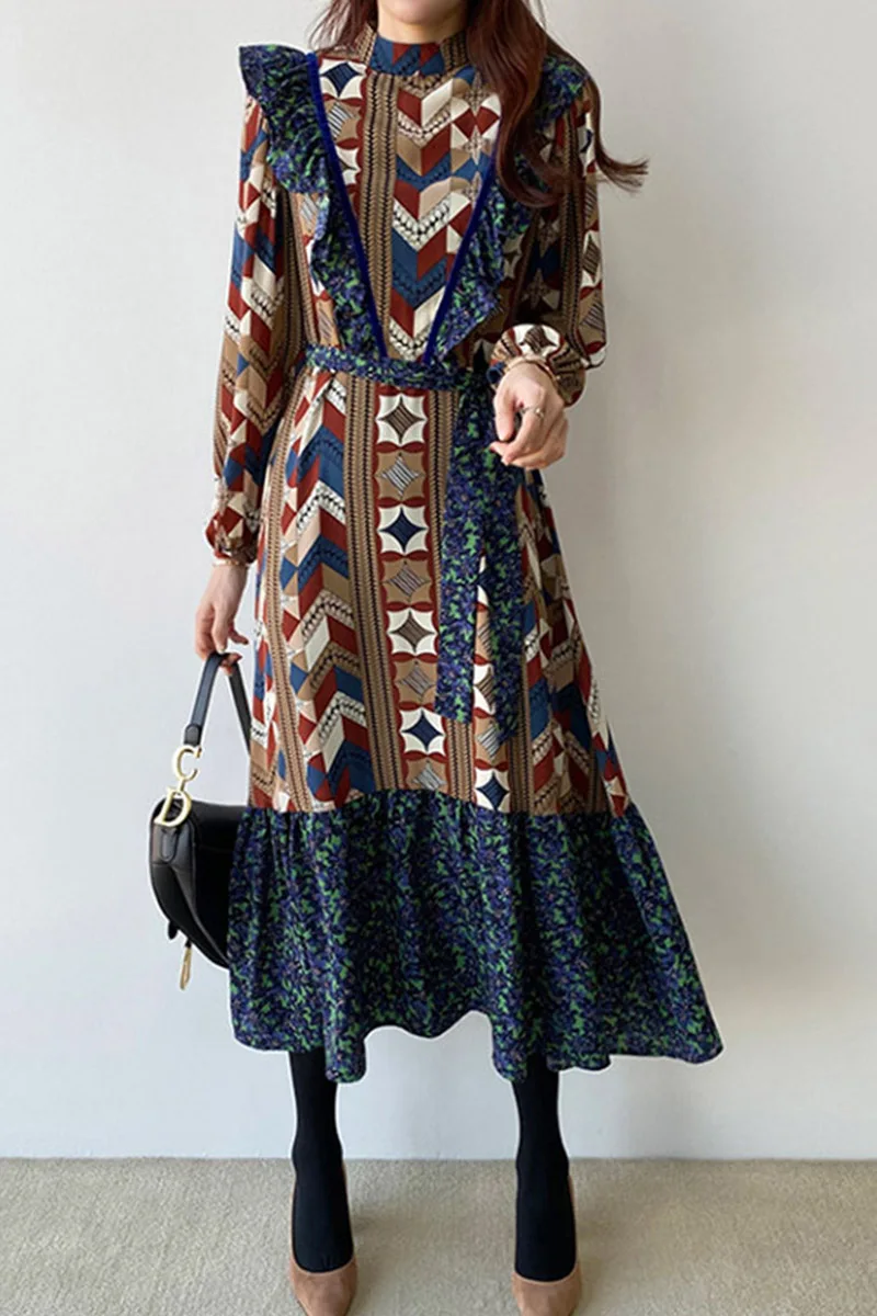 

Korea Autumn New Retro Stand Abstract Printed Ruffles Patchwork Full Dresses Waist Hugging Woman Dress