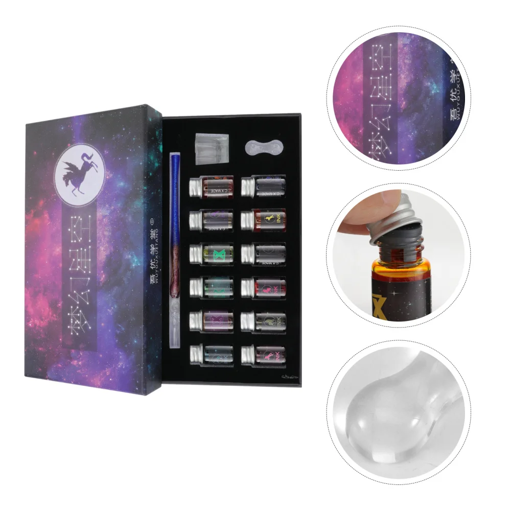 

1 Set of Glass Dipped Pen Ink Calligraphy Pens Set with 12 Colorful Inks