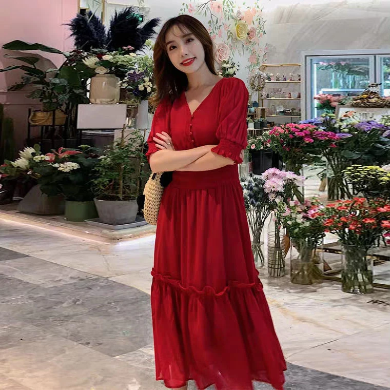 

2021 летнее платье в винтажном стиле женское платье свободного кроя однотонная жилетка с v-образным вырезом, на пуговицах, с эластичной резинк...