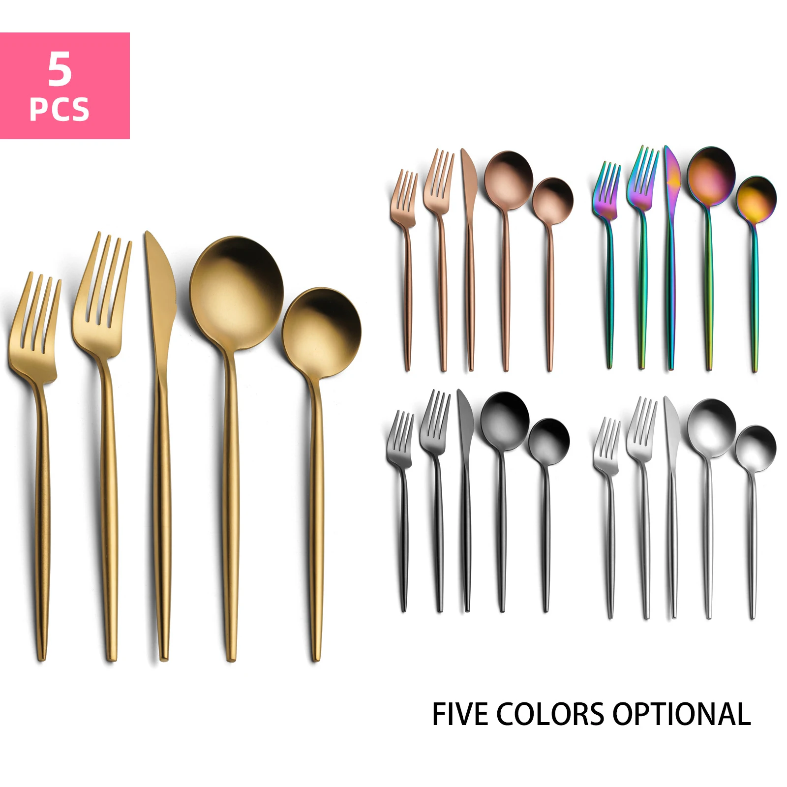 

5-Piece Western Tableware Steak Knife Fork Spoon Flat Shape Gold Plated Polished Surface Portuguese Stainless Steel Cutlery