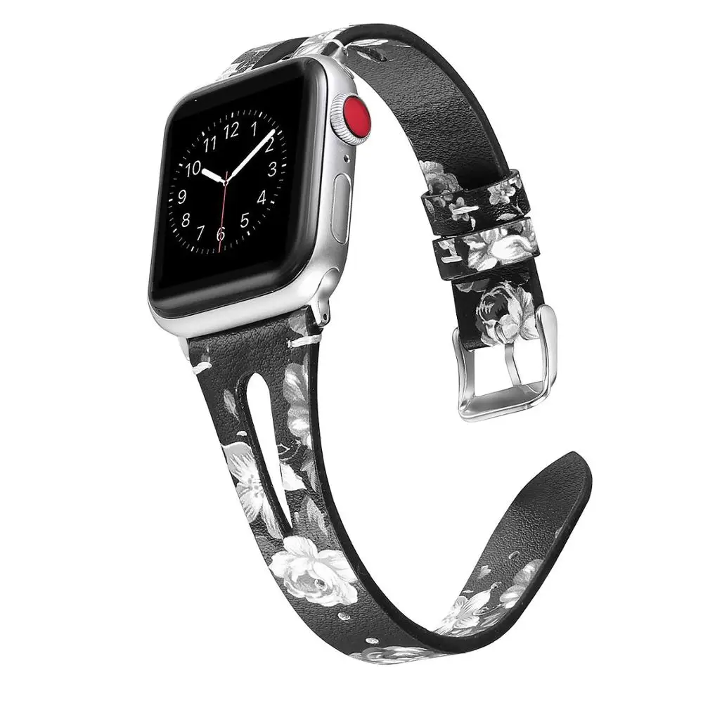 Black Grey 1 С цветочным узором ремешок для apple watch, ремешок 42 мм, 38 мм, ремешок для наручных часов iwatch, Версия 44 мм 40 мм Series 5/4/3/2/1 кожаный ремешок correa спортивный браслет - Цвет ремешка: Black Grey 1