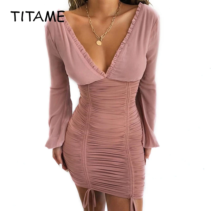 TITAME женское мини платье сексуальное с v образным воротом вечернее длинным