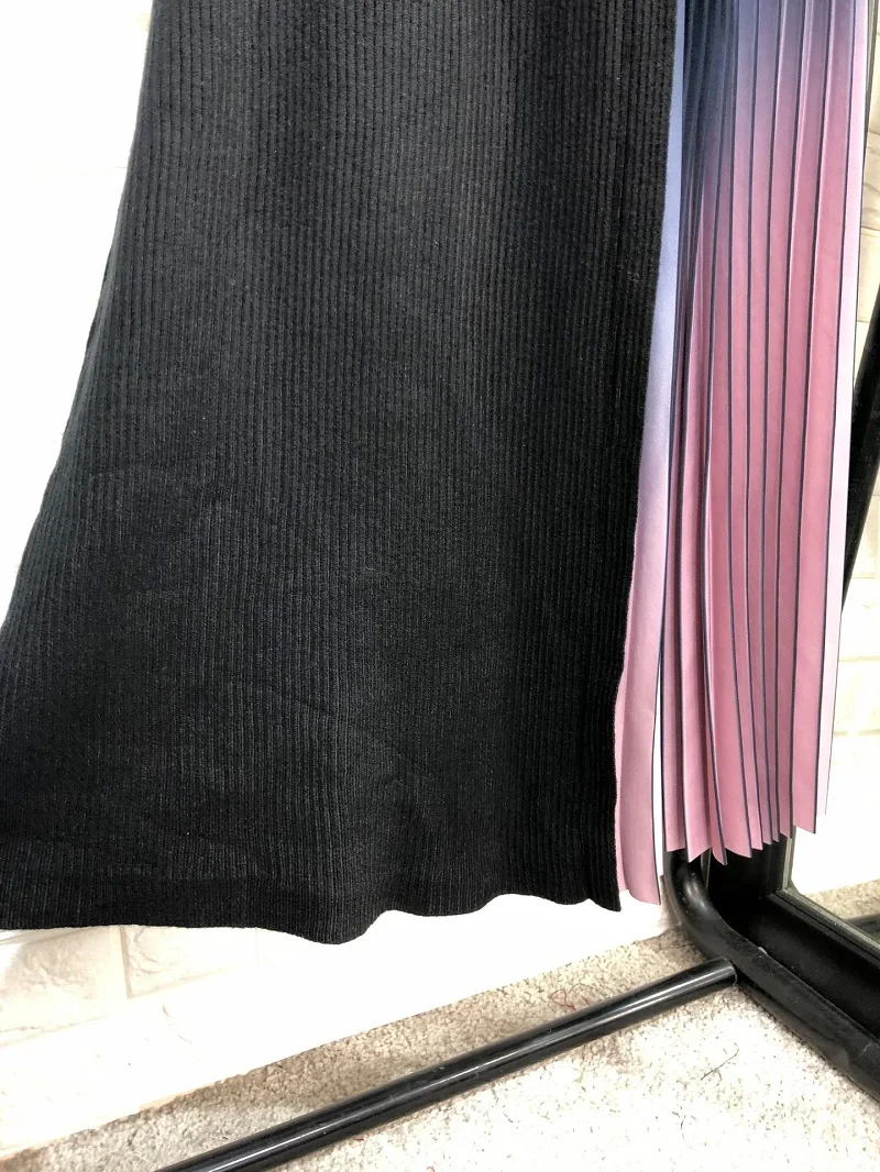 

Sweater High Quality Dress 2021 Autumn Winter Knitted Dress Women Gradient Pink Color Patchwork Long Sleeve Black Dress Belt