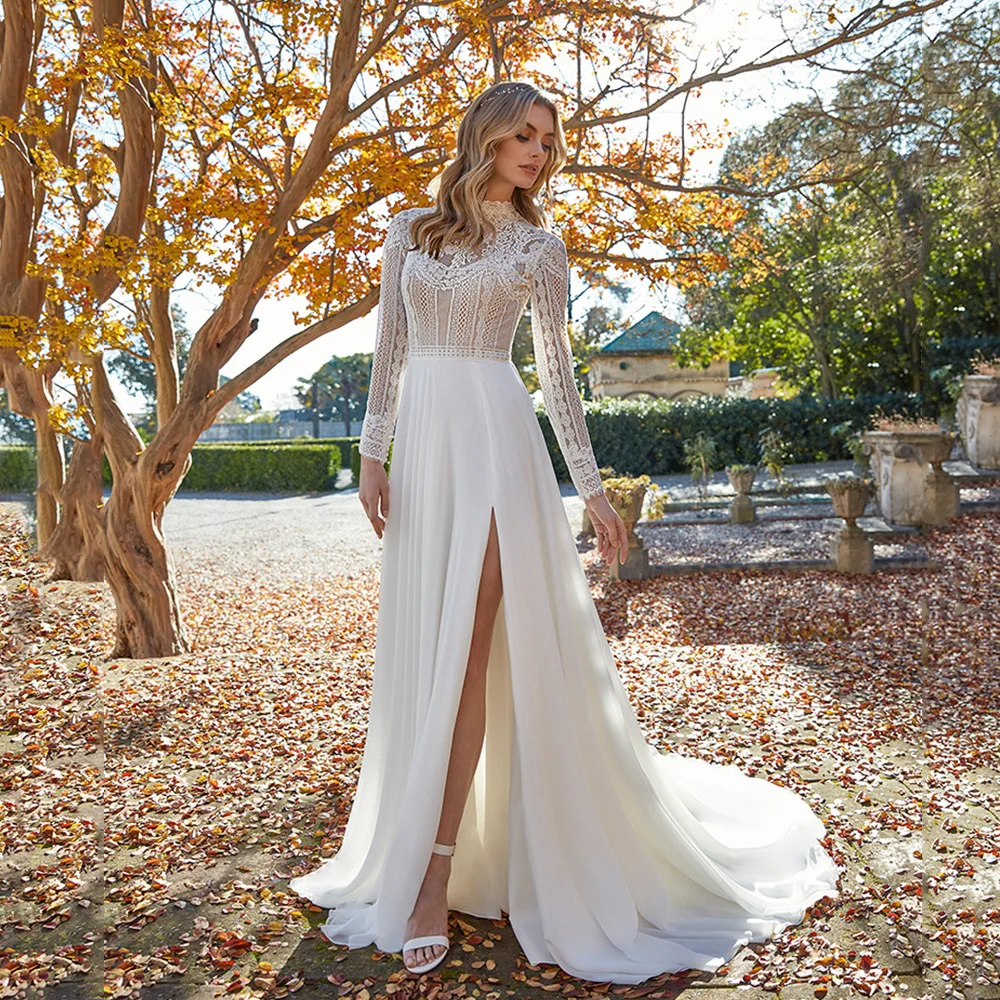 

Bohemian Wedding Dresses With Long Sleeve A Line High Collar Slit Bridal Gown Vintage Woman Chiffon Robe De Mariée 2021 Summer